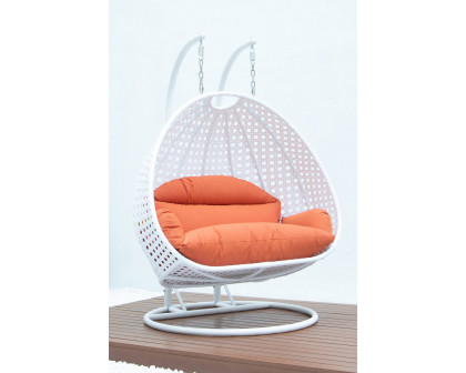 LeisureMod Modern White Wicker Hanging Double Seater Egg Swing Chair - Orange