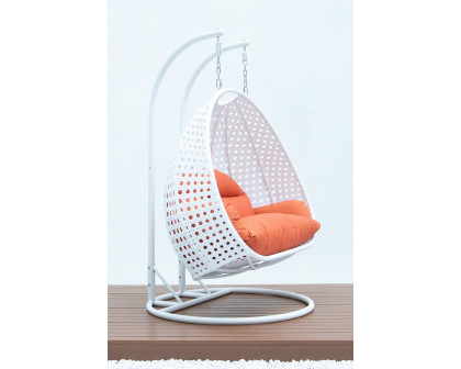 LeisureMod Modern White Wicker Hanging Double Seater Egg Swing Chair - Orange