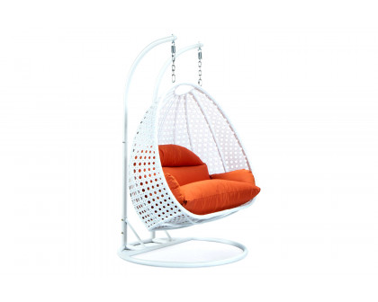 LeisureMod Modern White Wicker Hanging Double Seater Egg Swing Chair - Orange