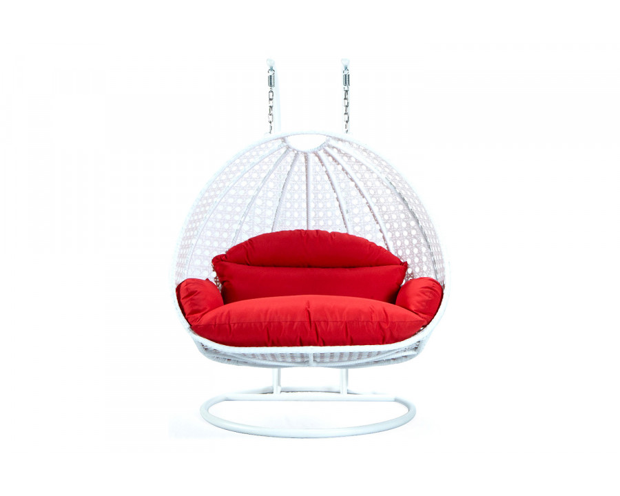 LeisureMod Modern White Wicker Hanging Double Seater Egg Swing Chair - Red