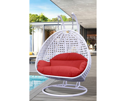 LeisureMod Modern White Wicker Hanging Double Seater Egg Swing Chair - Red