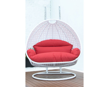 LeisureMod Modern White Wicker Hanging Double Seater Egg Swing Chair - Red