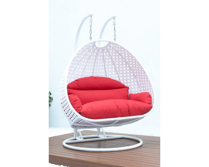 LeisureMod Modern White Wicker Hanging Double Seater Egg Swing Chair - Red