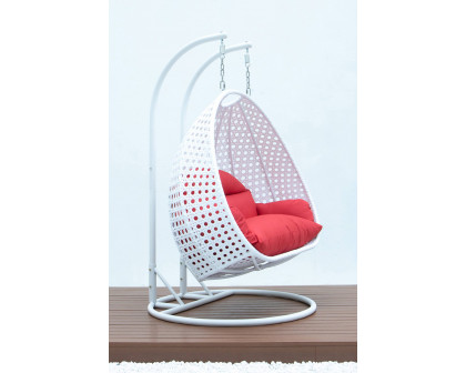 LeisureMod Modern White Wicker Hanging Double Seater Egg Swing Chair - Red