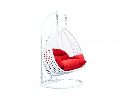 LeisureMod Modern White Wicker Hanging Double Seater Egg Swing Chair - Red