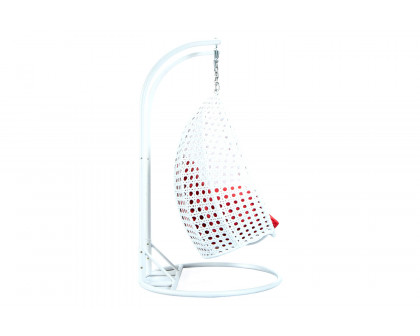 LeisureMod Modern White Wicker Hanging Double Seater Egg Swing Chair - Red