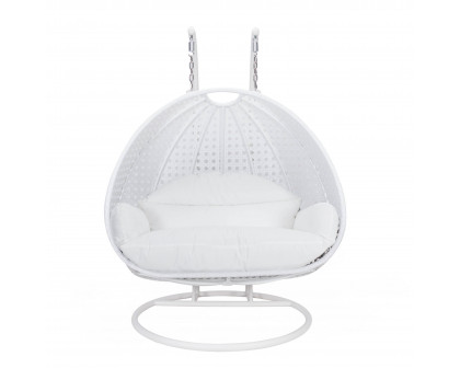 LeisureMod Modern Beige Wicker Hanging Double Seater Egg Swing Chair