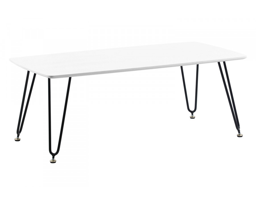 LeisureMod Elmwood Modern Wood Top Coffee Table with Iron Base - White