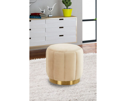 LeisureMod Franklin 19" Round Velvet Ottoman with Gold Base - Beige