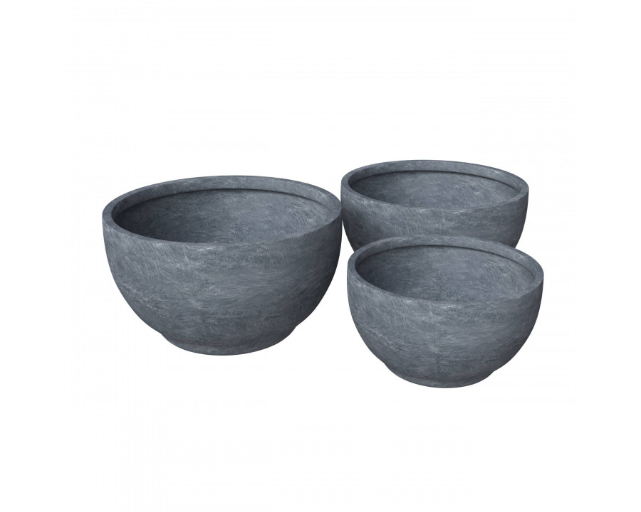 LeisureMod Grove Modern Round Planters Pot in Fiberstone (Set of 3) - Aged Concrete