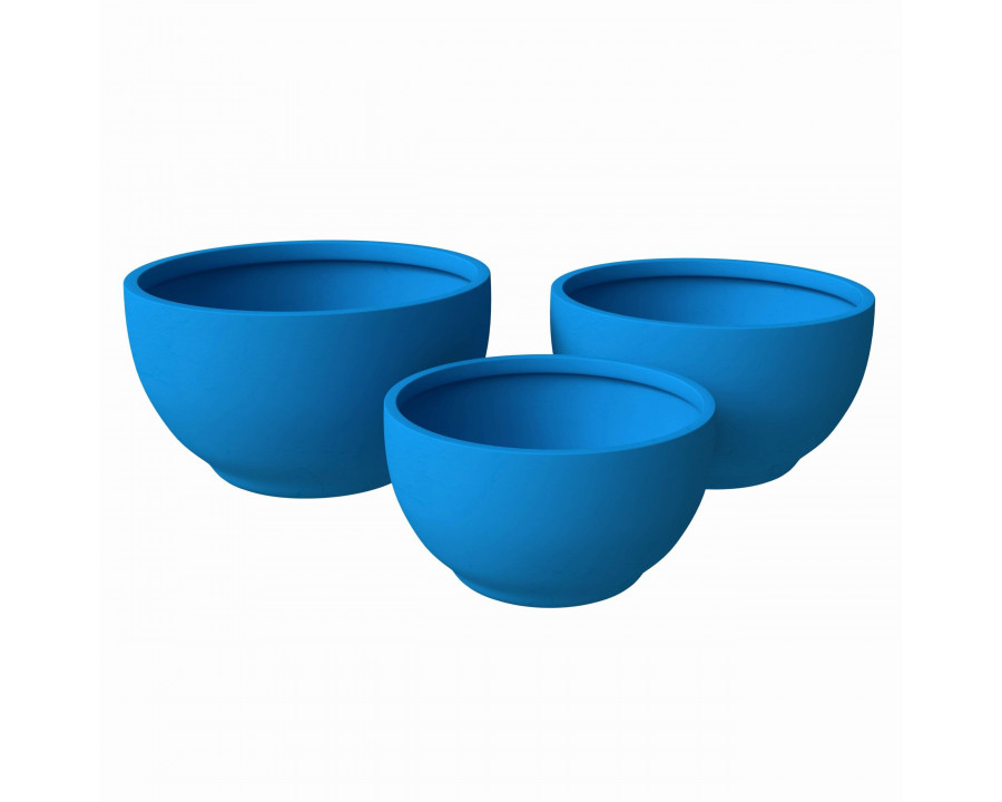 LeisureMod Grove Modern Round Planters Pot in Fiberstone (Set of 3) - Blue