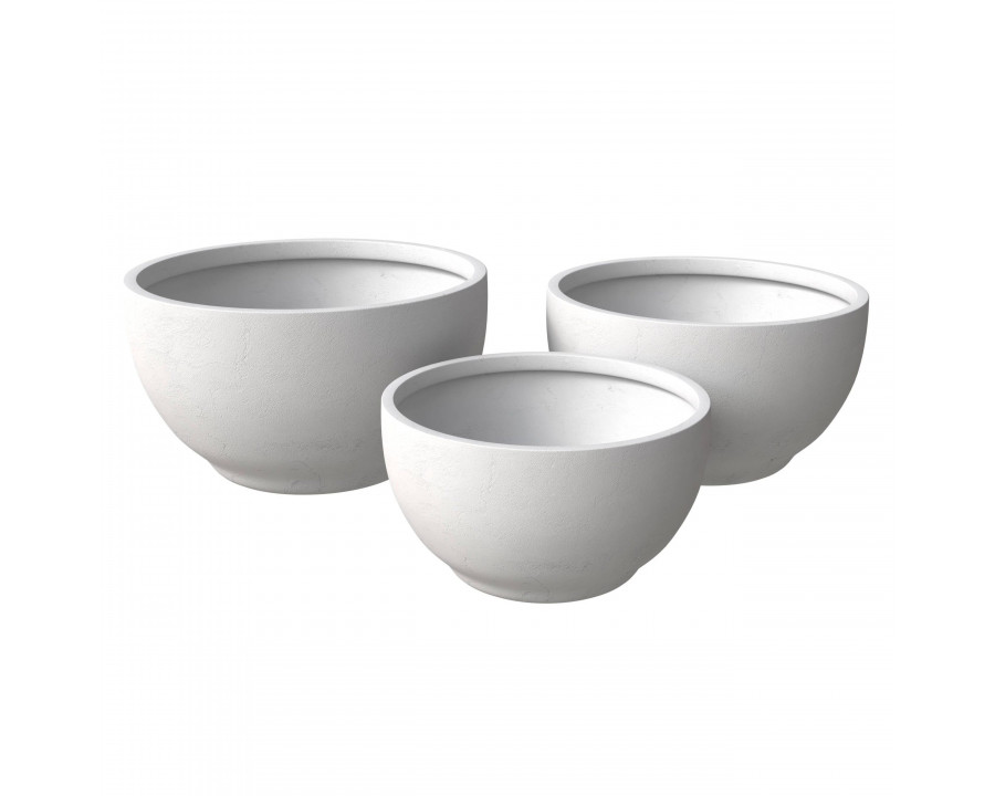 LeisureMod Grove Modern Round Planters Pot in Fiberstone (Set of 3) - White