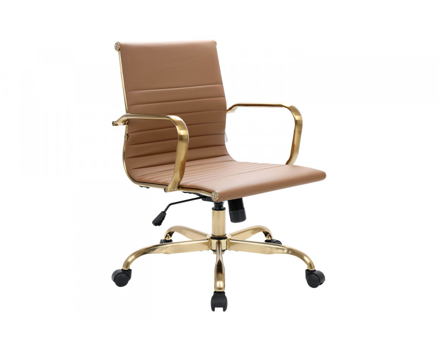 LeisureMod Harris Leatherette Gold Frame Office Chair - Light Brown