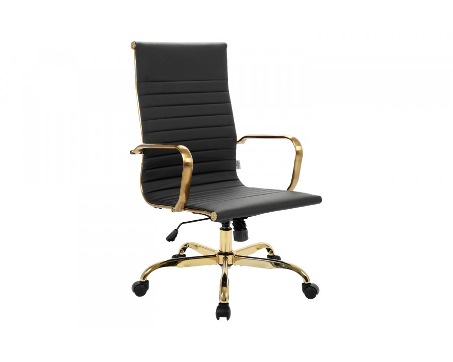 LeisureMod Harris High-Back Leatherette Office Chair with Gold Frame - Black