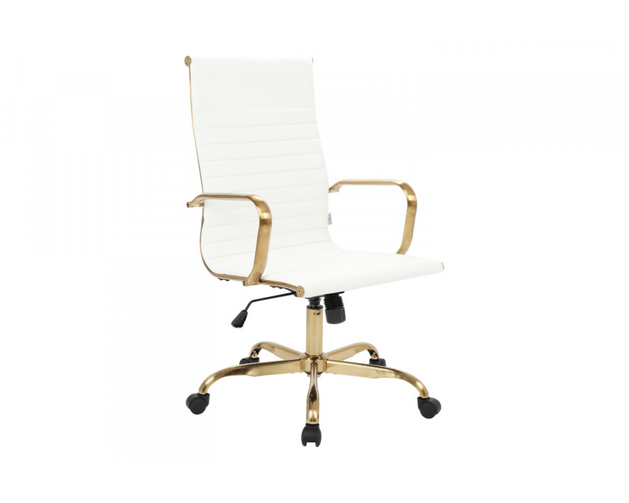 LeisureMod Harris High-Back Leatherette Office Chair with Gold Frame - White