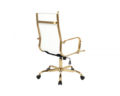 LeisureMod Harris High-Back Leatherette Office Chair with Gold Frame - White