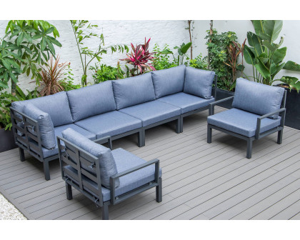 LeisureMod Hamilton 6-Piece Aluminum Patio Conversation Set with Cushions - Charcoal/Blue