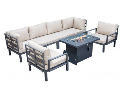 LeisureMod Hamilton 7-Piece Aluminum Patio Conversation Set with Fire Pit Table and Cushions