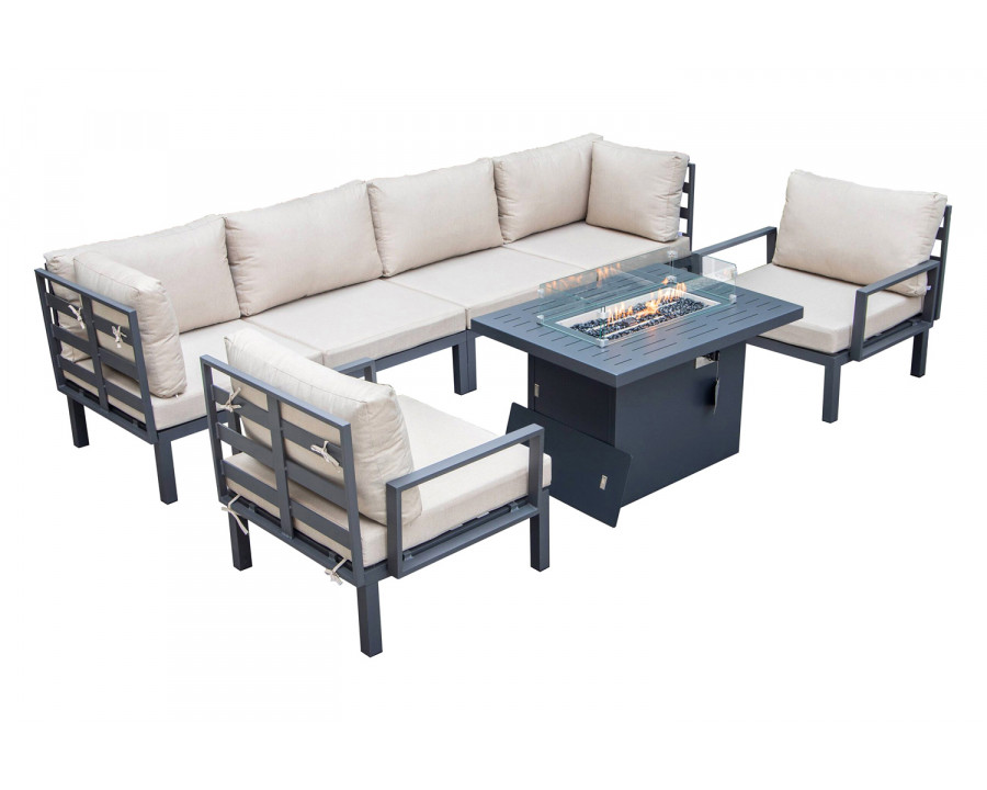 LeisureMod Hamilton 7-Piece Aluminum Patio Conversation Set with Fire Pit Table and Cushions - Beige