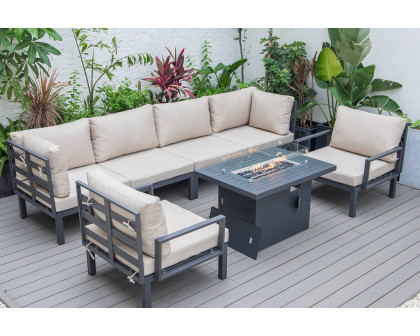 LeisureMod Hamilton 7-Piece Aluminum Patio Conversation Set with Fire Pit Table and Cushions - Beige