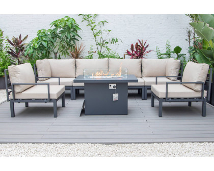 LeisureMod Hamilton 7-Piece Aluminum Patio Conversation Set with Fire Pit Table and Cushions - Beige