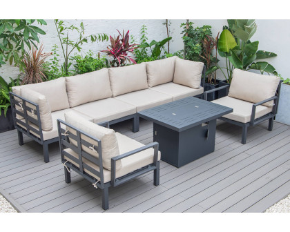 LeisureMod Hamilton 7-Piece Aluminum Patio Conversation Set with Fire Pit Table and Cushions - Beige