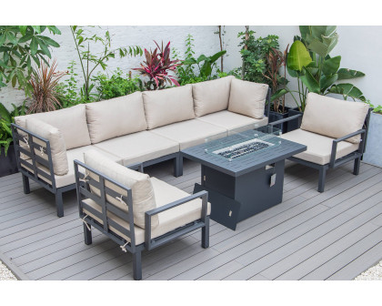 LeisureMod Hamilton 7-Piece Aluminum Patio Conversation Set with Fire Pit Table and Cushions - Beige