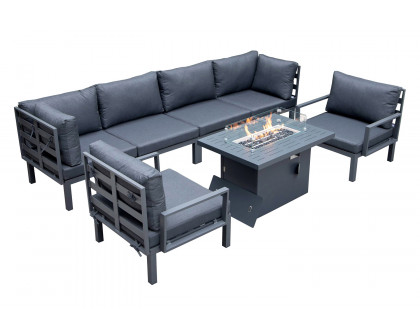 LeisureMod Hamilton 7-Piece Aluminum Patio Conversation Set with Fire Pit Table and Cushions