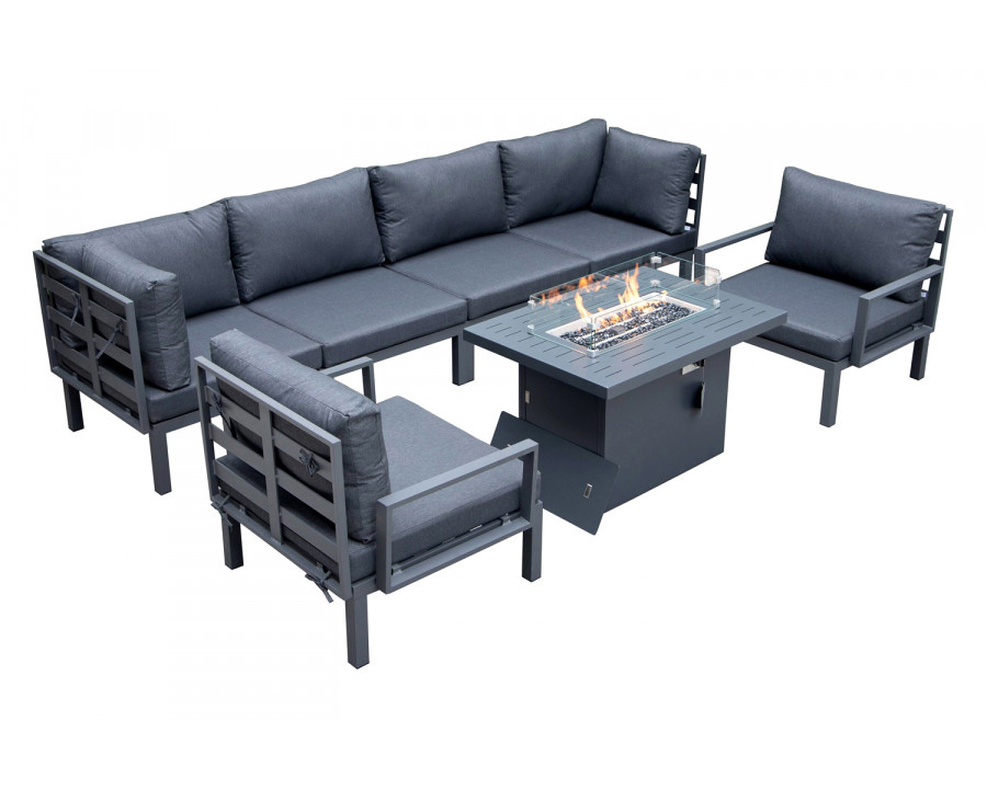 LeisureMod Hamilton 7-Piece Aluminum Patio Conversation Set with Fire Pit Table and Cushions - Black