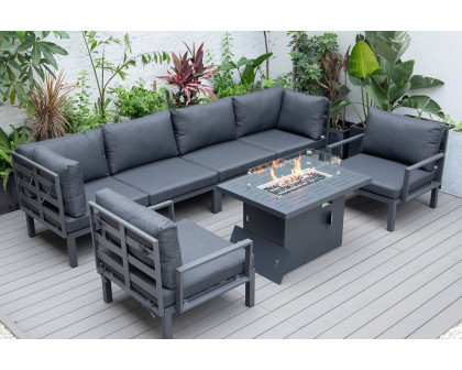 LeisureMod Hamilton 7-Piece Aluminum Patio Conversation Set with Fire Pit Table and Cushions - Black