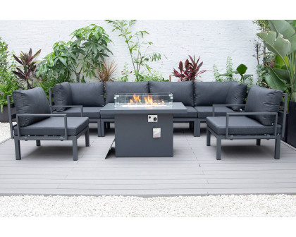 LeisureMod Hamilton 7-Piece Aluminum Patio Conversation Set with Fire Pit Table and Cushions - Black