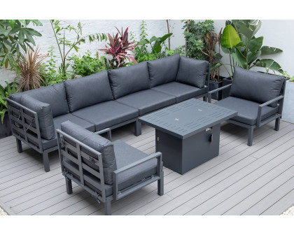 LeisureMod Hamilton 7-Piece Aluminum Patio Conversation Set with Fire Pit Table and Cushions - Black