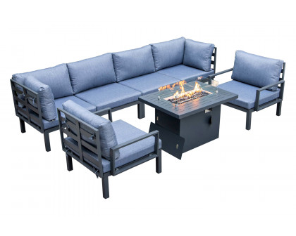 LeisureMod Hamilton 7-Piece Aluminum Patio Conversation Set with Fire Pit Table and Cushions