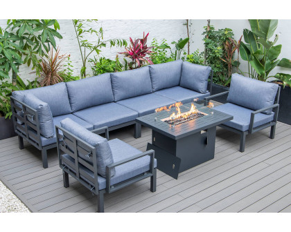 LeisureMod Hamilton 7-Piece Aluminum Patio Conversation Set with Fire Pit Table and Cushions - Charcoal/Blue