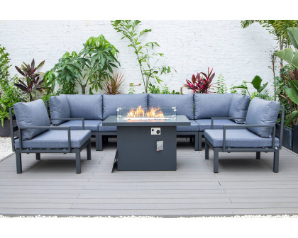 LeisureMod Hamilton 7-Piece Aluminum Patio Conversation Set with Fire Pit Table and Cushions - Charcoal/Blue