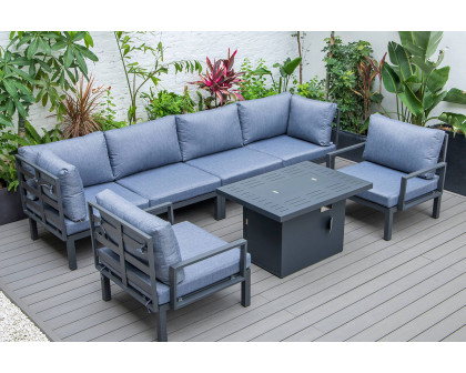 LeisureMod Hamilton 7-Piece Aluminum Patio Conversation Set with Fire Pit Table and Cushions - Charcoal/Blue