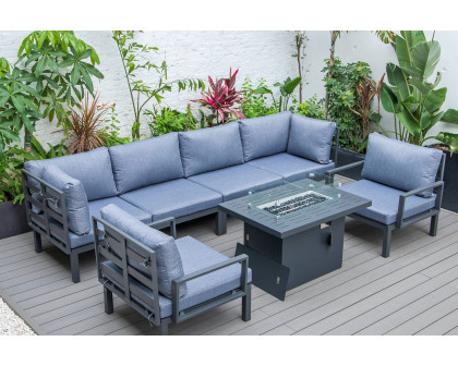 LeisureMod Hamilton 7-Piece Aluminum Patio Conversation Set with Fire Pit Table and Cushions - Charcoal/Blue