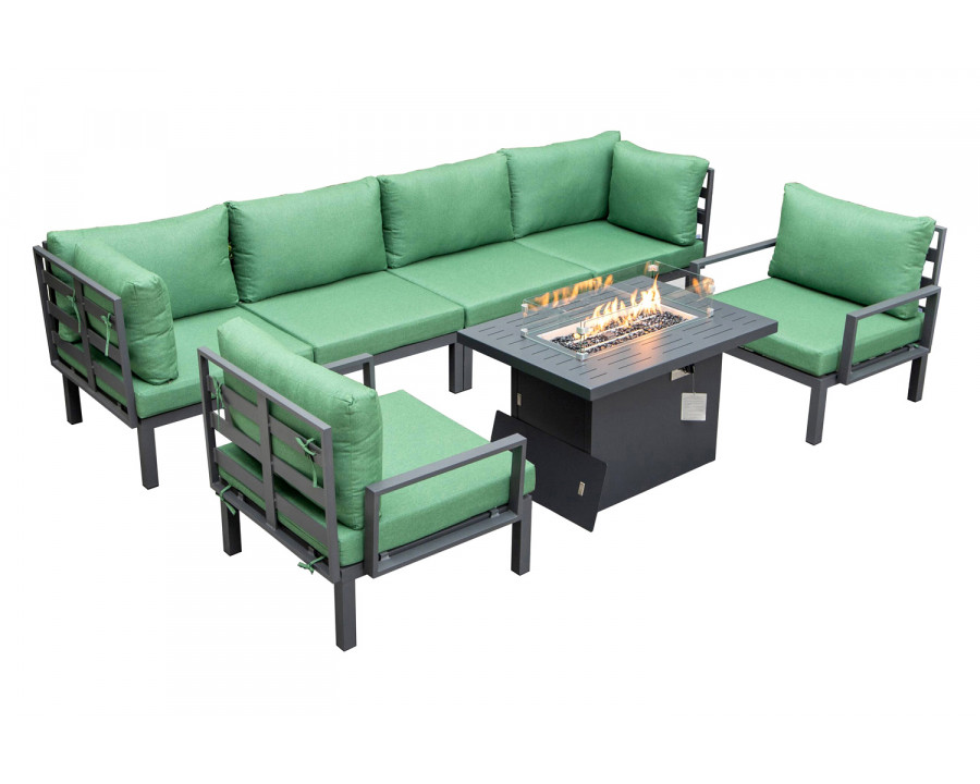 LeisureMod Hamilton 7-Piece Aluminum Patio Conversation Set with Fire Pit Table and Cushions - Green