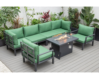 LeisureMod Hamilton 7-Piece Aluminum Patio Conversation Set with Fire Pit Table and Cushions - Green