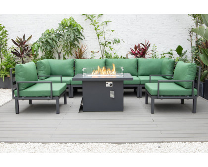 LeisureMod Hamilton 7-Piece Aluminum Patio Conversation Set with Fire Pit Table and Cushions - Green