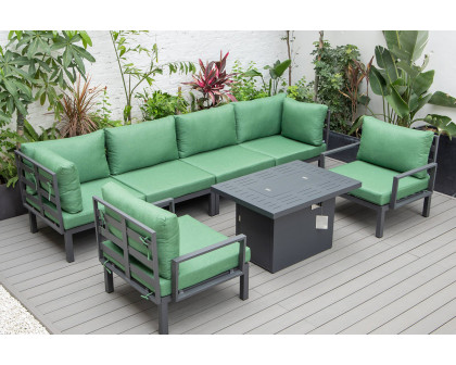 LeisureMod Hamilton 7-Piece Aluminum Patio Conversation Set with Fire Pit Table and Cushions - Green