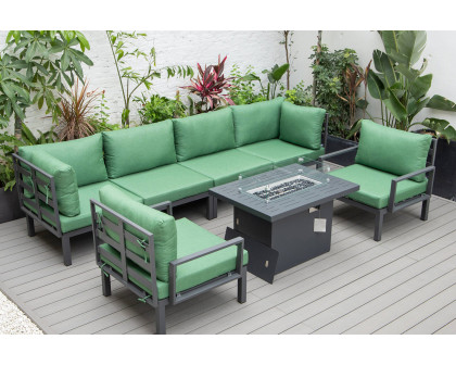 LeisureMod Hamilton 7-Piece Aluminum Patio Conversation Set with Fire Pit Table and Cushions - Green