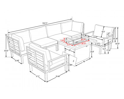 LeisureMod Hamilton 7-Piece Aluminum Patio Conversation Set with Fire Pit Table and Cushions - Light Gray