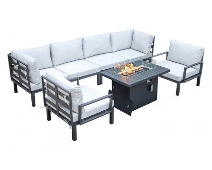 LeisureMod Hamilton 7-Piece Aluminum Patio Conversation Set with Fire Pit Table and Cushions