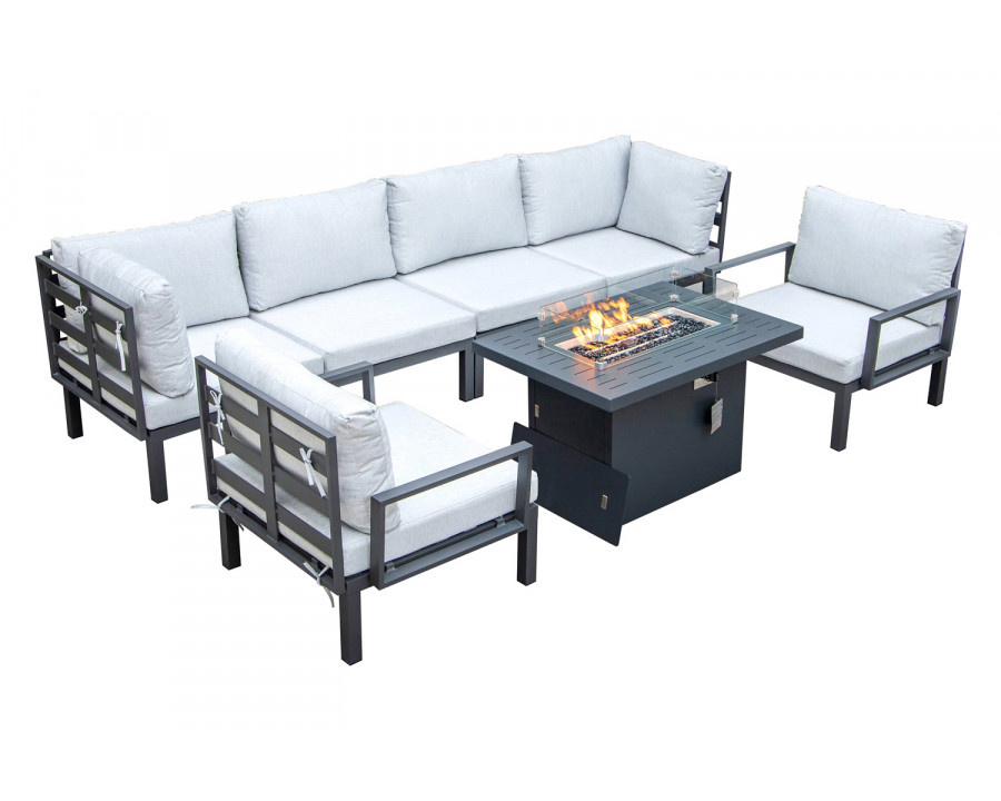 LeisureMod Hamilton 7-Piece Aluminum Patio Conversation Set with Fire Pit Table and Cushions - Light Gray