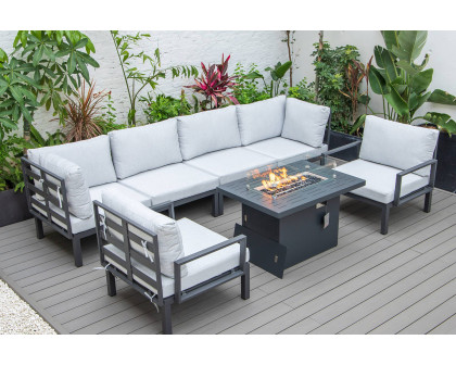 LeisureMod Hamilton 7-Piece Aluminum Patio Conversation Set with Fire Pit Table and Cushions - Light Gray