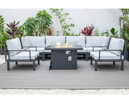 LeisureMod Hamilton 7-Piece Aluminum Patio Conversation Set with Fire Pit Table and Cushions - Light Gray