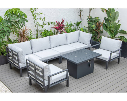 LeisureMod Hamilton 7-Piece Aluminum Patio Conversation Set with Fire Pit Table and Cushions - Light Gray