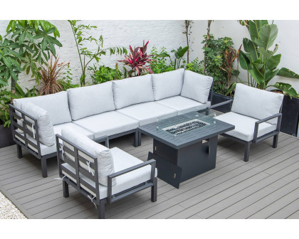 LeisureMod Hamilton 7-Piece Aluminum Patio Conversation Set with Fire Pit Table and Cushions - Light Gray