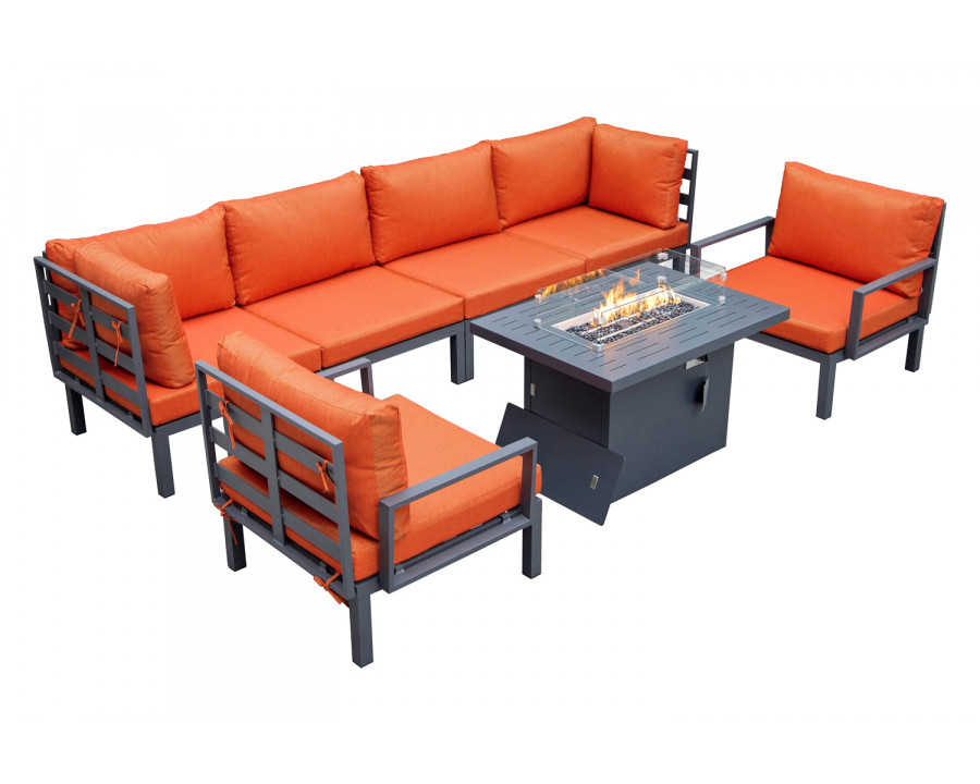 LeisureMod Hamilton 7-Piece Aluminum Patio Conversation Set with Fire Pit Table and Cushions - Orange